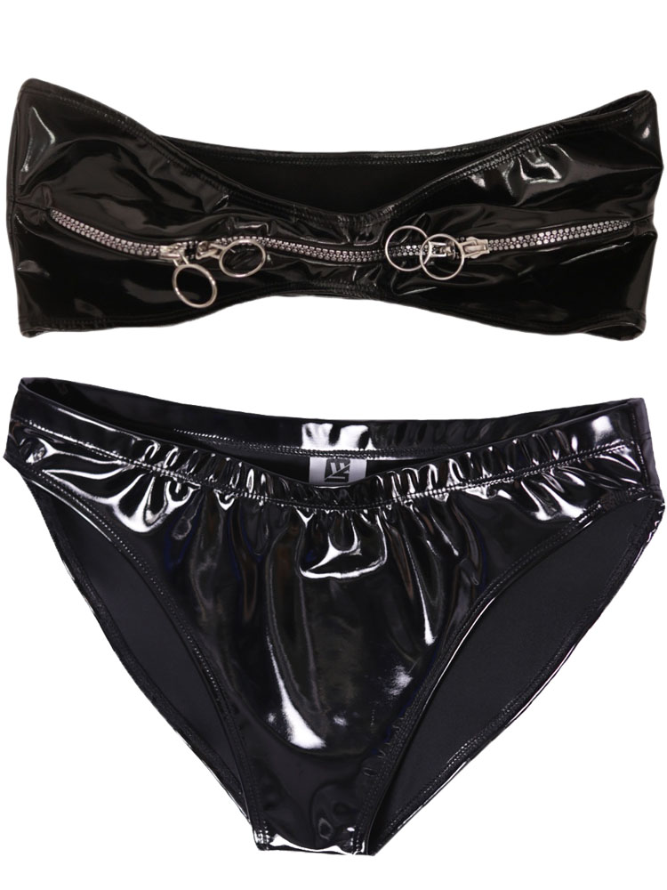 Thong Bikini Women - 웨트룩 PVC 의상 지퍼 버스티어 크롭탑